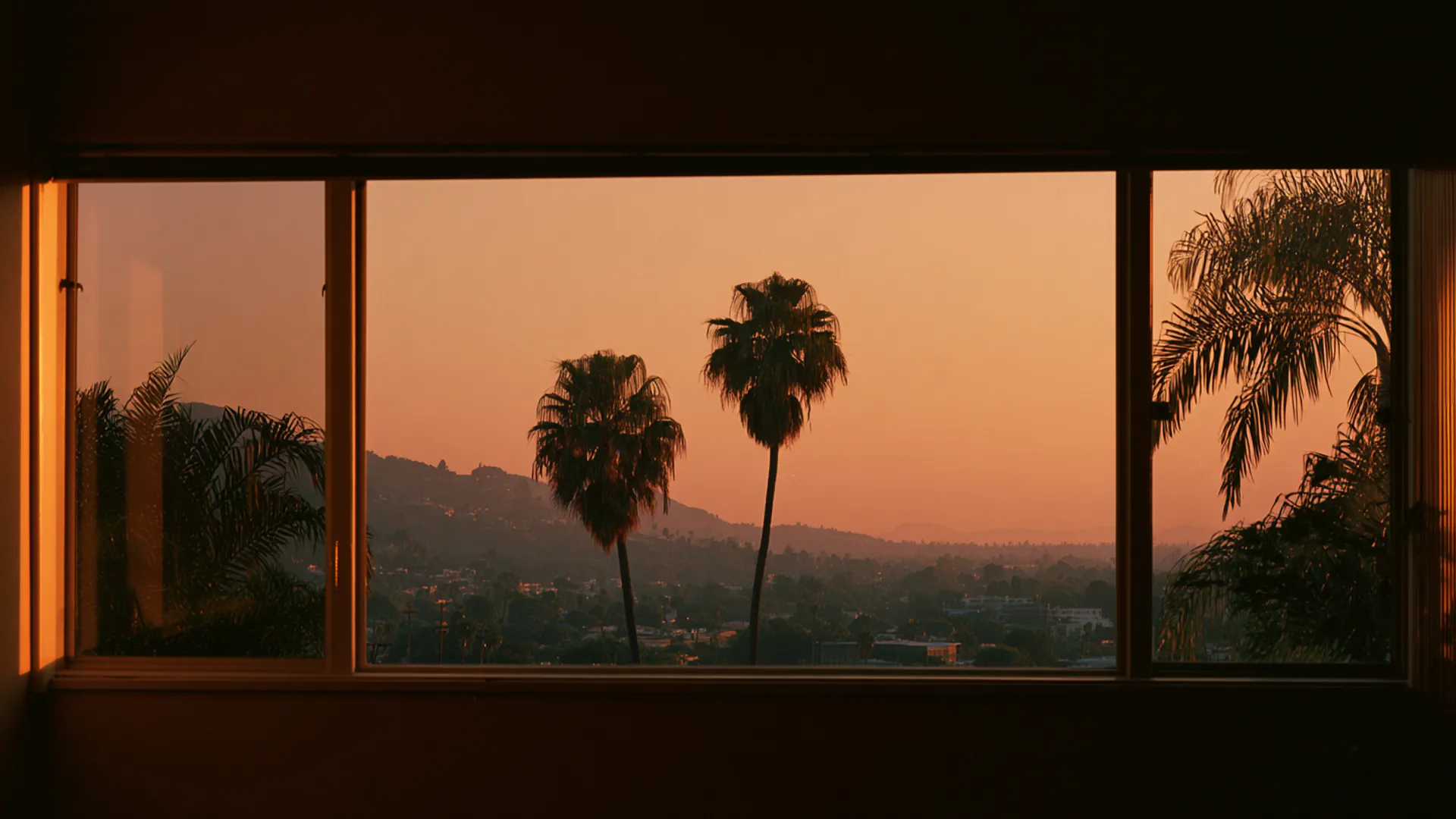 Los Angeles sunset with palm trees and downtown skyline