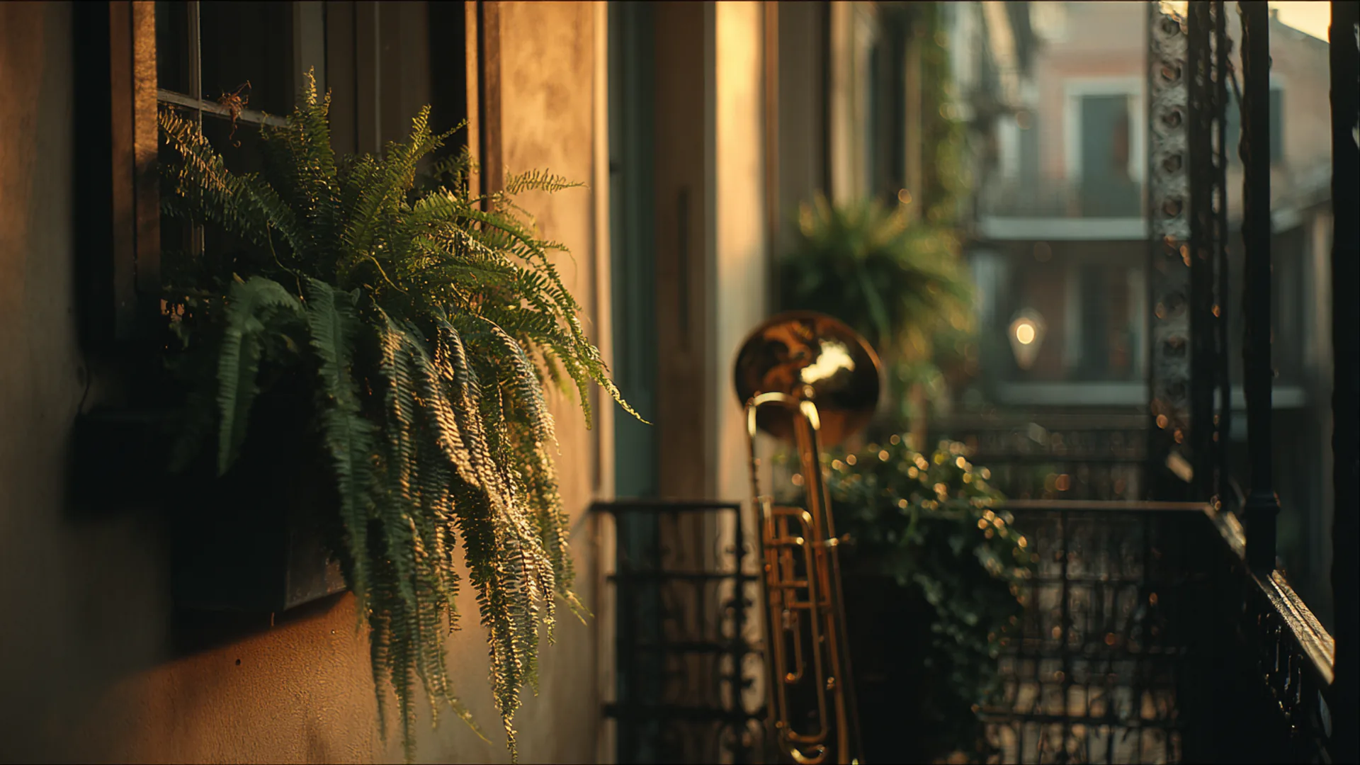 Twilight French Quarter with jazz clubs and wrought-iron balconies