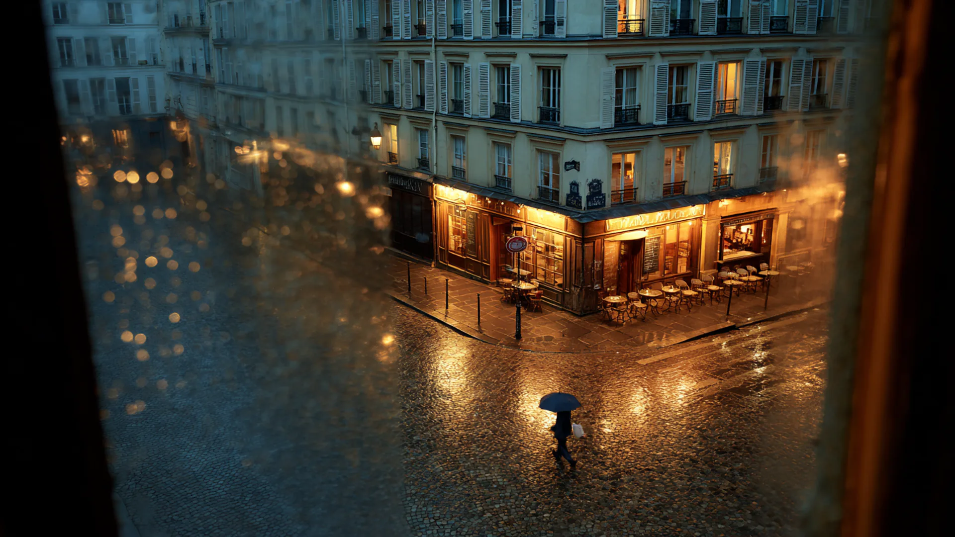 Blue hour Paris through rain-spotted glass with zinc rooftops and cafe glow
