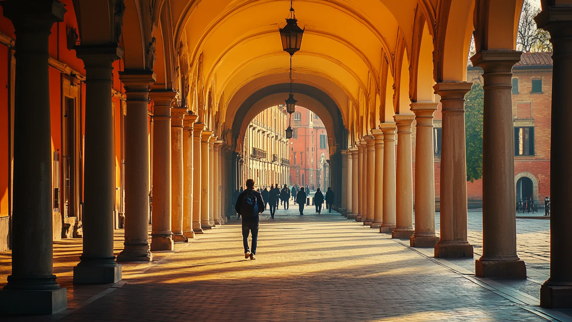 Bologna porticoes at dusk with terracotta and ochre tones