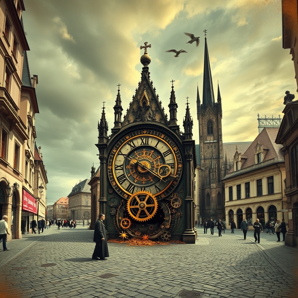 Prague rooftops with spires and astronomical clock tower