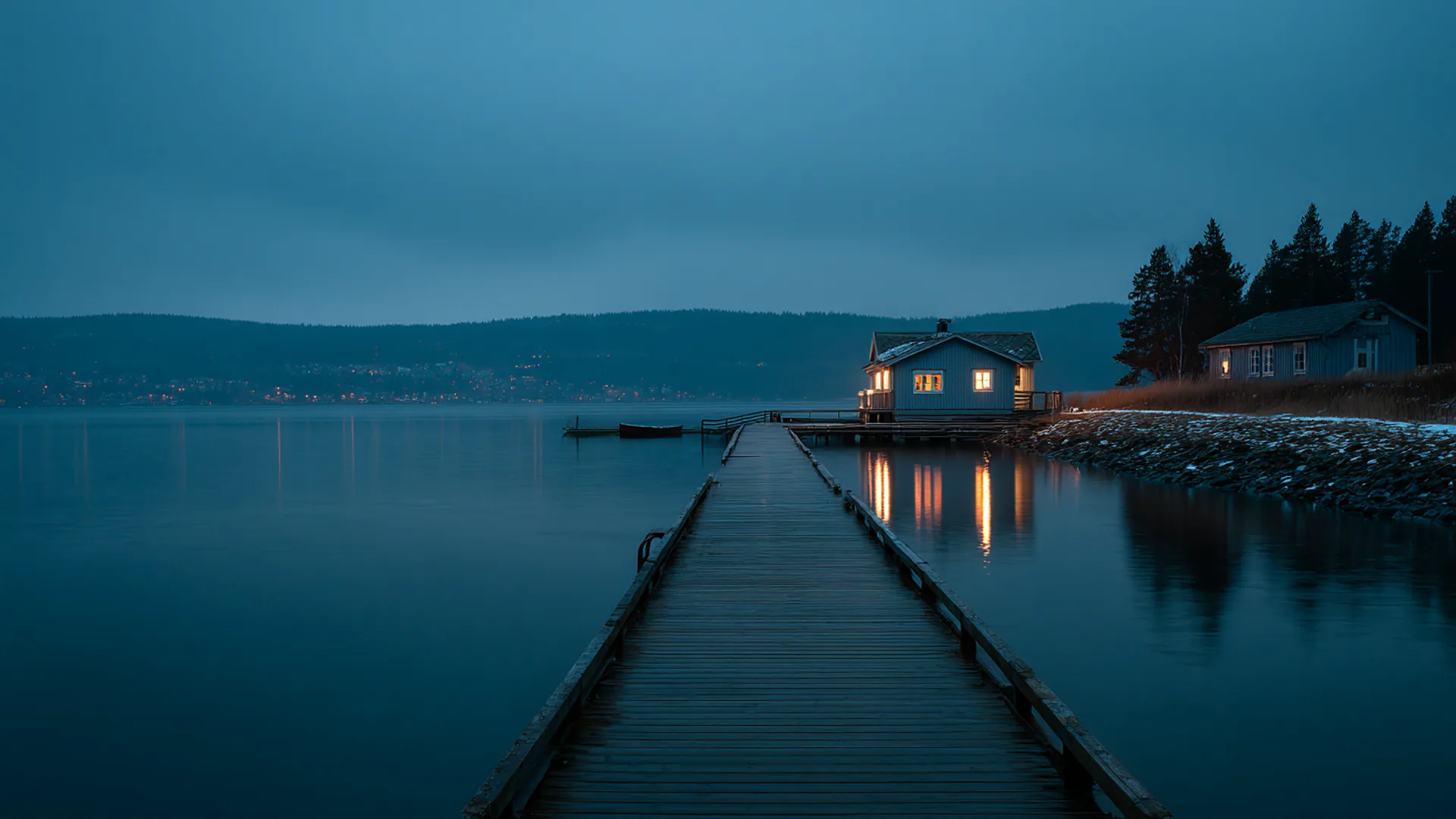 Oslo fjord at twilight with modern architecture and Nordic light